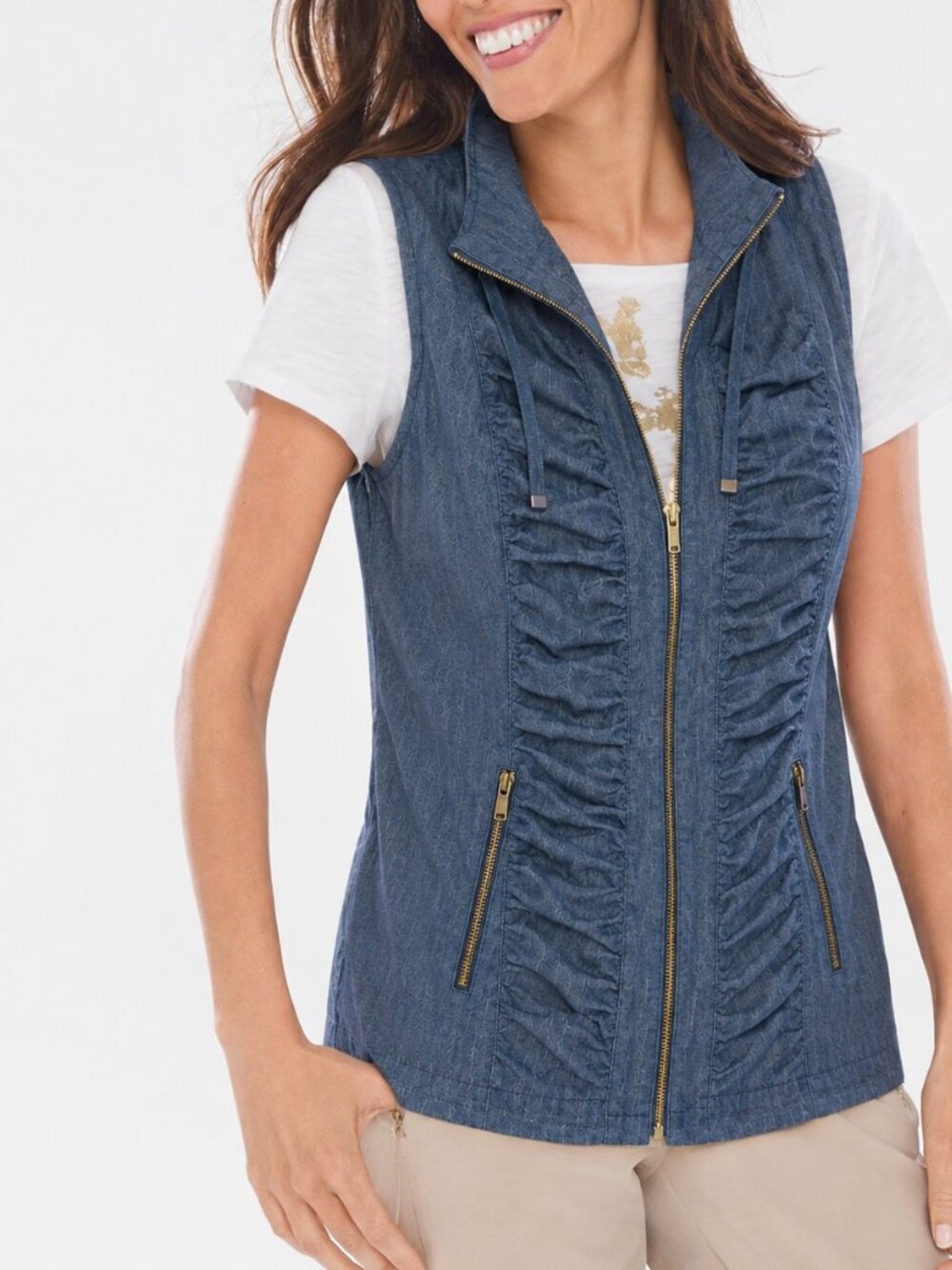 Chico's Zenergy Neema Indigo Ruched Zip Front Athletic Travel Vest SZ Medium
